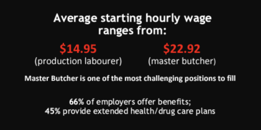 Average starting hourly wage ranges from: $14.95 (production labourer) $22.92 (master butcher). Master Butcher is one of the most challenging positions to fill. 66% of employers offer benefits; 45% provide extended health/drug care plans.